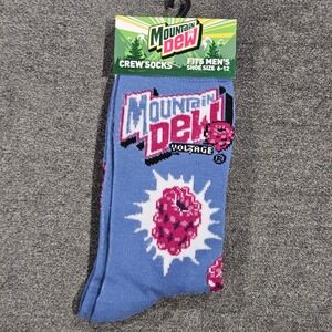 Mountain Dew Voltage Crew Socks Mens Shoe Size 6-12 Blue Raspberry Soda Graphic